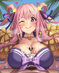 1boy 1girls ;q absurdres aroused bangs bar_censor bare_shoulders big_breasts blue_ribbon blush breasts censored choker cleavage closed_mouth clothed_sex collarbone commentary_request cum cum_in_mouth cum_on_body cum_on_breasts cum_on_face cum_on_hair elf elf_ears elf_female excited eyebrows_visible_through_hair facial female floating_hair hair_between_eyes hair_ornament hair_ribbon hair_rings hatsune_(princess_connect!) heart heavy_breathing highres human large_breasts light-skinned_female long_hair looking_at_viewer male_human/female_elf male_pubic_hair momo_no_sukebe one_eye_closed paizuri penis pink_hair pointy_ears pom_poms princess_connect! princess_connect!_re:dive pubic_hair purple_eyes ribbon sex smile solo_focus star_(symbol) star_choker star_hair_ornament straight sweat teenage_girl teenager tongue tongue_out two_side_up very_long_hair white_choker