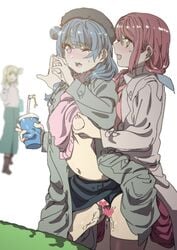 1futa 1girls blue_hair blush breast_squeeze censored clothed clothed_sex clothing cup duo_focus ecoman female from_behind futa_on_female futa_with_female futanari grabbing_breast_during_sex grabbing_breasts grabbing_from_behind heart heart_censor human love_live! love_live!_sunshine!! mostly_clothed navel ohara_mari one_breast_out one_eye_closed pale_skin panties pussy pussy_juice red_hair sakurauchi_riko sex simple_background skindentation skirt stealth_sex tears thighhighs tsushima_yoshiko unknowing_bystander vaginal_penetration white_background