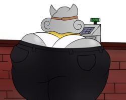 anthro ass_cleavage bending_forward butt_crack cash_register cashier female gray_hair grey_hair grey_skin horns panties terebision tight_pants wall