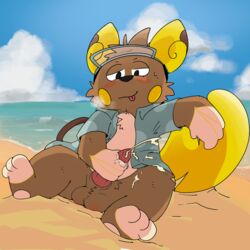 1:1 1boy alolan_raichu anthro balls_on_floor beach bodily_fluids clothing cum ejaculation genital_fluids genitals gralicbutter hi_res holding_penis lying male male_only masturbation nintendo on_back penile penile_masturbation penis pokémon_(species) pokemon public public_masturbation raichu regional_form_(pokémon) sand seaside solo sweat tapering_penis