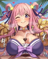 1boy ;q absurdres bangs bar_censor bare_shoulders blue_ribbon blush breasts censored choker cleavage collarbone cum ejaculation eyebrows_visible_through_hair female floating_hair hair_between_eyes hair_ornament hair_ribbon hair_rings hatsune_(princess_connect!) heart heavy_breathing highres large_breasts long_hair looking_at_viewer male_pubic_hair momo_no_sukebe motion_lines one_eye_closed paizuri penis pink_hair pointy_ears pom_poms princess_connect! princess_connect!_re:dive projectile_cum pubic_hair purple_eyes ribbon smile solo_focus star_(symbol) star_choker star_hair_ornament straight sweat tongue tongue_out two_side_up very_long_hair white_choker