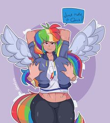 belly belly_button big_breasts breast_grab breasts_squeeze cameltoe clothed disembodied_hands hands_behind_head human_rainbow_dash humanized midriff my_little_pony smooth_skin sweat text thighs uuforya