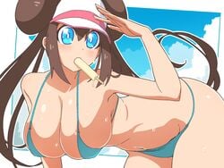 big_breasts blue_eyes brown_hair clothed_female female female_focus female_only human nintendo nipples nipples_visible_through_clothing pokemon pokemon_bw2 rosa_(pokemon) solo solo_female solo_focus tamezou