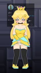 1girls 2020 bandage blonde_hair blue_eyes blush clothed clothing cubette dress dress_lift embarrassed female geometry_dash human lifting_dress long_hair looking_down makifei mario_(series) new_super_mario_bros._u_deluxe open_mouth panties peeing relief simple_background solo standing star super_crown thighhighs urine video_games watersports wet_panties wetting white_panties