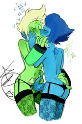 ass_grab blue_skin closed_eyes futa_on_futa futanari garter_belt garter_straps green_skin hand_on_ass hand_on_cheek hand_on_hip hands_on_hips head_grab kissing kurofeng lapis_lazuli_(steven_universe) limb_enhancers lingerie penis peridot_(steven_universe) pubic_hair standing steven_universe tagme tentacle_penis tentaclejob thighhighs topless visor