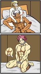 1girls 2boys bed big_balls big_breasts big_hips cheating cheating_female collar cuckold cuckolding elfman_strauss fairy_tail forced_yaoi handcuffs huge_cock humiliation leg_cuffs lucy_heartfilia malesub natsu_dragneel netorare ntr penis_size_difference small_penis small_penis_humiliation tiny_penis