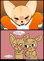 aggressive_retsuko anthro blush canid canine cervid cervine comic cunnilingus dialogue duo embarrassed female female/female fennec fenneko fox hi_res jhonnyseitgut mammal oral sanrio sex smooth_fur tsunoda vaginal_penetration yuri