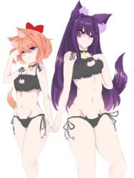 2girls bell black_panties blue_eyes bow breasts cat_bra cat_cutout cat_ears cat_keyhole_bra cat_lingerie cat_panties crunnix doki_doki_literature_club eyebrows_visible_through_hair female female_only hairbow holding_hands looking_at_viewer multiple_girls neko orange_hair orange_tail purple_eyes purple_hair purple_tail red_bow sayori_(doki_doki_literature_club) simple_background strawberry_blonde_hair thigh_gap thighs yuri_(doki_doki_literature_club)