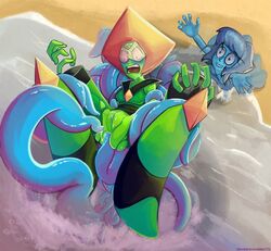 beach blue_tentacles blush clothing female green_skin imminent_anal imminent_rape imminent_vaginal lapis_lazuli_(steven_universe) limb_enhancers open_mouth peridot_(steven_universe) pussy restrained saucy-scones spread_legs steven_universe tentacle visor