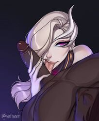 1boy 2020 big_penis coven_morgana dark-skinned_male dark_skin earring earrings eclipse_series female hair_over_one_eye hand_on_penis interracial league_of_legends licking licking_penis male morgana penis pov purple_eyes riot_games satanya silver_hair source_request tagme tongue tongue_out