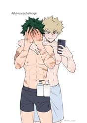 2boys arm_around_shoulders bashful blonde_hair boxer_briefs covering_face cute embarrassed embarrassment erection erection_under_clothes gay green_hair grinning heart hickey hickey_marks hickeys izuku_midoriya katsuki_bakugou laughing male male/male male_only mirror mirror_selfie my_hero_academia nipples nitro_sugar partially_clothed phone scars selfie shampoo_bottle shampoo_challenge shirtless simple_background submissive_male teasing towel towel_around_waist white_background yaoi