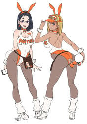 2girls \m/ alternate_costume anal anal_beads anal_beads_tail anal_object_insertion anal_tail animal_ears aoi_(delightfully_fuckable_and_unrefined!!) ass backless_leotard black_hair blonde_hair brand_name_imitation breasts bunny_ears bunny_girl bunny_tail bunnysuit butcha-u choker cleavage condom_packet_strip condom_wrapper crotchless crotchless_leotard dark_skin delightfully_fuckable_and_unrefined!! earrings employee_uniform fake_tail female female_only fishnet_legwear fishnets from_behind full_body glasses gyaru highres hooters jewelry large_breasts leg_warmers loose_socks lube mari_(delightfully_fuckable_and_unrefined!!) multiple_girls no_panties object_insertion orange_choker pantyhose purple_eyes semi-rimless_eyewear sex_toy sneakers tail under-rim_eyewear uniform visor_cap waitress white_background white_footwear white_socks wrist_cuffs