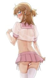 1boy androgynous ass blonde_hair blue_eyes blush canon_crossdressing crossdressing femboy feminine_male girly link looking_at_viewer looking_back male_focus male_only panties panties_bulge sailor_uniform schoolgirl_uniform serafuku short_skirt skirt tamatamako the_legend_of_zelda trap white_background