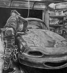 absurd_res anthro ass badger car clothed clothing detailed garage greyscale hi_res humanoid looking_at_viewer looking_back male male_only mammal mazda mazda_mx-5 monochrome mustelid musteline pants_down partially_clothed presenting presenting_hindquarters realistic sinful_ink_(artist) traditional_media_(artwork) vehicle wardrobe_malfunction