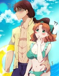 age_difference ban_(amdb) beach bishoujo_senshi_sailor_moon blush bow cleavage clothing height_difference large_breasts medium_breasts medium_hair naru_osaka nephrite orange_hair pointy_chin swimsuit