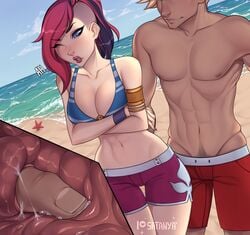 1boy 1girls anal anal_fingering anus arms_crossed beach bikini_top blue_eyes blush breasts cleavage clothed color curvy female fiora_laurent heart-shaped_pupils large_breasts league_of_legends male muscular_male one_eye_closed pool_party_fiora pool_party_series public purple_hair satanya stealth stealth_fingering stealth_sex straight swimming_trunks thigh_gap topless two_tone_hair under_clothes undercut wide_hips