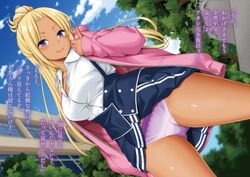 1girls blonde_hair dark_skin female female_only gyaru high_resolution jacket kuro_gyaru looking_at_viewer open_clothes open_jacket original panties purple_eyes school_uniform smile solo tan tanned thighs underwear uniform upskirt viewed_from_below yahiro_pochi