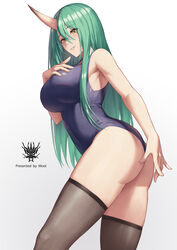 arknights ass big_breasts breasts green_hair horn hoshiguma_(arknights) large_breasts long_hair mool_yueguang oni swimsuit thighs yellow_eyes