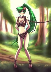 1girls arms_behind_back bare_legs blush captured carlotus collar female female_only femsub fire_emblem fire_emblem:_the_blazing_blade flower flower_in_hair green_eyes green_hair leash long_hair lyn_(fire_emblem) medium_breasts midriff nintendo outdoors partially_clothed ponytail underwear very_long_hair