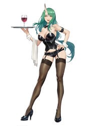 arknights big_breasts bowtie bustier cleavage fishnets garter_straps green_hair hand_on_hip high_heels holding_tray horn hoshiguma_(arknights) long_hair low_tied_hair oni towel waitress wine_glass wrist_cuffs yellow_eyes