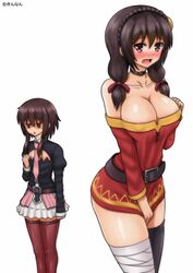 2017 2girls alternate_breast_size areola_slip areolae artist_name bandage bandaged_leg bandages bare_shoulders belt blank_eyes blush bow braid breast_conscious breast_envy breasts brown_hair choker cleavage cleavage_cutout clothed clothing clothing_swap cosplay costume_switch covering dress dress_tug embarrassed eyebrows_visible_through_hair female female_only flat_chest hair_ornament hair_ribbon highres jitome kinnan kono_subarashii_sekai_ni_shukufuku_wo! large_breasts looking_at_viewer low_twintails megumin megumin_(cosplay) multiple_girls necktie nipples nipples_visible_through_clothing open_mouth red_eyes ribbon see-through shaded_face short_dress simple_background single_thighhigh skirt standing tearing_up tears thick_thighs thighhighs thighs tied_hair tongue twintails white_background yunyun_(konosuba) yunyun_(konosuba)_(cosplay) zettai_ryouiki