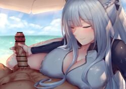 1boy ak-12_(girls'_frontline) bangs beach beach_umbrella blue_sky blunt_bangs blush breast_rest breasts censored cleavage closed_eyes clothed_female_nude_male cloud covered_nipples erection eyebrows_visible_through_hair female girls'_frontline handjob large_breasts long_hair lying mingke nipples nude ocean on_back out_of_frame penis sand shade silver_hair skin_tight sky smile sweat thighs umbrella water wetsuit