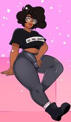 afro bulge clothed clothing dark-skinned_futanari dickgirl erection erection_under_clothes fully_clothed futanari glasses midriff midriff_baring_shirt one_eye_closed penis penis_under_clothes poundcake_(artist) shirt shoes socks solo thick_thighs tight_pants