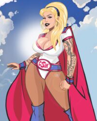 1girls amber_rose big_hair blonde_hair breasts cape captain_save_a_hoe cleavage cosplay costume female female_only huge_breasts huge_hair large_breasts legs long_hair lower_body mature mature_female mature_woman outfit panties real_person solo solo_female solo_focus superheroine tattoo tattoos terryalec thick_legs thick_thighs thighs upper_body waist wide_hips woman