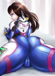 1girls ass ass_focus big_ass blizzard_entertainment bodysuit breasts brown_eyes brown_hair cameltoe d.va female female_only long_hair looking_at_viewer looking_back lyn_nyl overwatch pale-skinned_female pale_skin sci-fi science_fiction scifi sideboob solo solo_female spread_legs thick_ass thick_thighs thighs