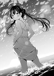 absurdres airandou blush closed_mouth cloud dress female greyscale highres long_hair looking_at_viewer monochrome ocean original partially_submerged pussy_juice sky sleeveless sleeveless_dress smile solo standing sun sunset sweat twintails water