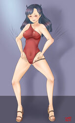 2019 bathing_suit black_hair cameltoe comdost_(character) comdost_(vtuber) embarrassed female hair_horns indie_virtual_youtuber nipple_bulge nipples nipples_visible_through_clothing presenting presenting_crotch red_eyes shaking solo solo_female solo_focus swimsuit tight_clothing tsa virtual_youtuber