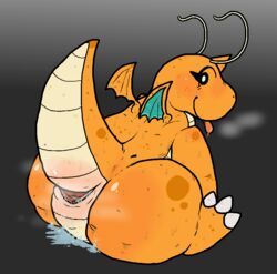 anthro back_view bahamutgreen big_butt blush dragonite female_only looking_back nintendo pokémon_(species) pokemon pokemon_(species) pussy_juice sitting steam sweat tail tail_up tongue_out wings