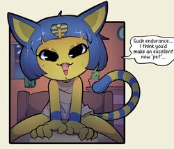 2020 animal_crossing ankha anthro bed blue_hair bodily_fluids bottomless clothed clothing cowgirl_position dialogue domestic_cat duo egyptian english_text felid feline felis female female_focus female_on_top female_penetrated first_person_view furniture hair hi_res itsunknownanon looking_at_viewer male male_on_bottom male_penetrating male_penetrating_female male_pov mammal nintendo on_bed on_bottom on_top penetrating_pov penetration power_bottom sex solo_focus speech_bubble straight sweat talking_to_viewer text video_games