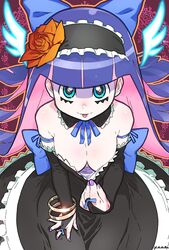 1girls :p blue_eyes blue_hair breasts bridal_gauntlets cleavage clothed clothed_female dress elbow_gloves female female_focus female_only flower_in_hair from_above gloves gothic_lolita hairband highres lolita_fashion long_hair looking_at_viewer maid_headdress multicolored_hair nail_polish nipple_slip panty_&_stocking_with_garterbelt pink_hair purple_nails smile solo solo_female stocking_anarchy tongue tongue_out wings yonezawa_mao