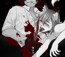 animal_humanoid blood blush bodily_fluids boyfriend_to_death canid canine claws clothed clothing duo ear_tuft fox gatobob_(gurobob) gloves gore hair handwear human humanoid knife male male/male mammal open_mouth ren_hana strade sweat teeth tongue tuft video_games visual_novel