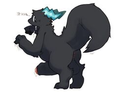 2020 4:3 against_wall anal_juice anthro anus backsack balls big_penis big_tail black_body black_eyes black_fur bodily_fluids cum cum_on_face digitigrade full-length_portrait fur genital_fluids genitals japanese_text kemono looking_back male male_only penis portrait ra_tenpu simple_background solo text translation_request uncut unknown_species vein veiny_penis white_background