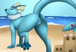 anus ass beach black_nose blue_body blue_pawpads claws digitigrade eeveelution female feral fightmeatpax finger_claws genitals hi_res looking_back nintendo pawpads paws pokémon_(species) pokemon pokemon_rgby presenting presenting_anus presenting_pussy purple_eyes pussy quadruped raised_leg raised_tail sand sand_castle sculpture sea seaside solo toe_claws vaporeon video_games water