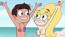 1boy 1girls areolae armpits arms_up beach beach_ball big_breasts bikini blonde_hair blue_eyes breasts brown_eyes brown_hair casual disney edit erect_nipples glaw_(artist) hands_in_hair heart-shaped_areola heart_areola heart_cheeks holding_object marco_diaz mole_under_eye nipples photo picture ponytail screenshot screenshot_edit seashell_bra star_butterfly star_vs_the_forces_of_evil swimsuit