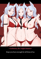 3girls 9_9bird animal_ears ass bikini breasts breasts_out cerberus_(helltaker) cute_fang demon demon_girl demon_tail dog_ears helltaker kkyz13 long_hair multiple_girls necktie necktie_between_breasts one_breast_out smile tail white_hair