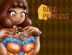 background background_pattern bell between_breasts blush breasts brown_eyes brown_hair busty dark-skinned_female dark_skin exposed_breasts eyelashes gold helmet instrument lipstick meme miniboy open_mouth original_character princess princess_anabelle project_bell ripped_clothing royalty rpg shy_ayu size_difference surprised tan traditional_art worried wristband