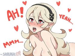 1girls blonde_hair corrin_(fire_emblem) corrin_(fire_emblem)_(female) english_text female fire_emblem fire_emblem_fates implied_sex long_hair looking_pleasured moaning nintendo nude nude_female open_mouth pointy_chin red_eyes sarukaiwolf sexually_suggestive solo solo_female suggestive text tongue tongue_out