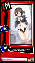 1girls 9_9bird atlus bikini brown_hair choker clothed clothed_female clothes clothing dialogue embarrassed english_text female female_only fully_clothed human human_only makoto_niijima persona persona_5 phantom_thief_suit red_eyes revealing_clothes selfie short_hair shy solo text uncensored