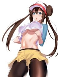 1girls :o akire_(akireru_shoujo) areolae big_breasts blue_eyes breasts double_bun hat leggings nintendo nipples nipples_visible_through_clothing pale-skinned_female pale_skin pokemon pokemon_bw pokemon_bw2 rosa_(pokemon) surprised twintails wet_clothes white_background