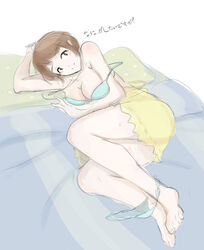 1girls 9_9bird atlus blue_bra bra breasts brown_hair cleavage clothing female on_bed on_side panties_around_leg persona persona_4 satonaka_chie short_hair skirt smile solo sweat yellow_skirt