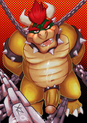 2020 anthro balls belly blush bowser chained cock_ring genitals hi_res koopa male male_only mario_(series) nintendo overweight overweight_anthro overweight_male penis scalie solo vandroiy video_games