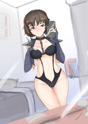 1girls 9_9bird atlus bikini blush brown_hair cellphone choker clothed clothed_female clothes clothing embarrassed female female_only fully_clothed holding_phone human human_only makoto_niijima persona persona_5 phantom_thief_suit red_eyes revealing_clothes selfie short_hair shy simple_background solo uncensored