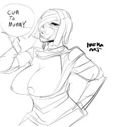 1girls 2d alternate_costume ana_amari bandages big_breasts blizzard_entertainment dialogue egyptian exposed_breasts gilf kafka_art mature monochrome mummy mummy_costume old_ana_amari overwatch pharaoh_ana pun sketch solo solo_female white_hair wrinkles