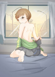 1girls 9_9bird ass atlus backboob brown_hair kneeling looking_back on_bed persona persona_4 satonaka_chie short_hair solo topless