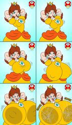 1girls against_glass ahe_gao alternate_breast_size bimbo bimbofication breast_expansion breasts breasts_bigger_than_head breasts_on_glass broken_glass drawsputin female gigantic_breasts huge_breasts hyper hyper_breasts mario_(series) medium_breasts mushroom nintendo nipple_bulge princess_daisy sequence small_breasts solo super_mario_bros.