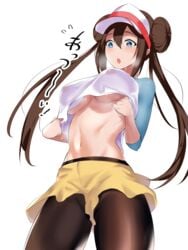 1girls :o akire_(akireru_shoujo) areolae big_breasts blue_eyes breasts double_bun hat leggings nintendo nipples nipples_visible_through_clothing pale-skinned_female pale_skin pokemon pokemon_bw pokemon_bw2 rosa_(pokemon) surprised text twintails wet_clothes white_background